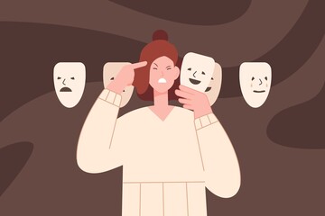 Woman emotion mask. Face behind masks personality psychology, fake person disguise borderline disorder adult girl and sad emotion, reaction control, vector illustration