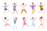 Fototapeta  - Children posing jump. School kids have jumping pose, pupils active leisure aerobic movement, happy childhood boy, cute action teenagers fun kid ballet, splendid vector illustration