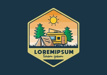 Wall Mural - camping van and tent between pine trees illustration