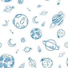 Sticker - hand drawn earth. seamless children's pattern with space elements. doodle sketch of space elements. 
