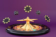 Realistic roulette wheel with neon lights on purple background. Realistic casino roulette table, chips and playing dice. Gambling concept design. 3d rendering.