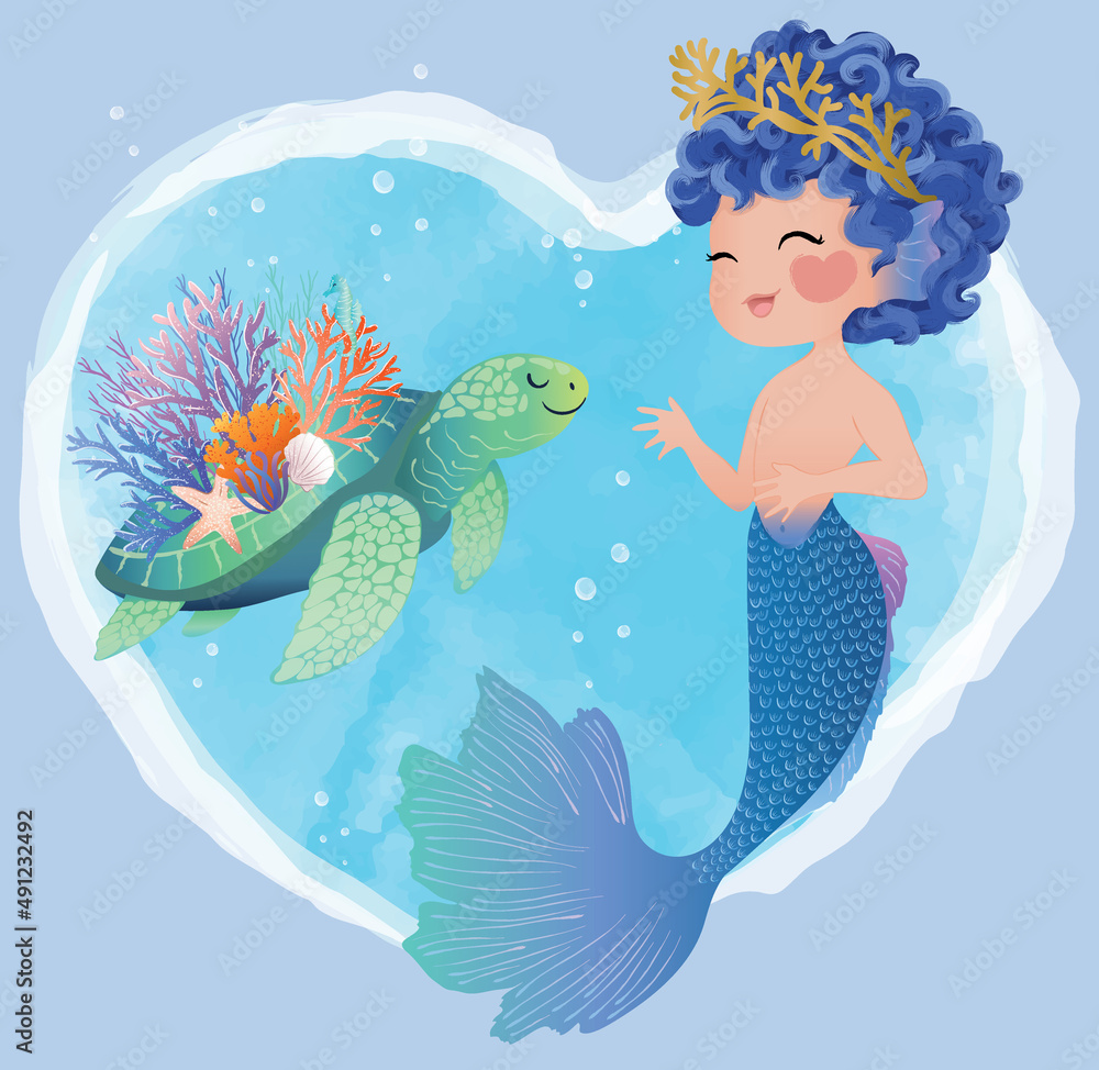 Cute merboy with lovely turtle illustration,children artworks ...