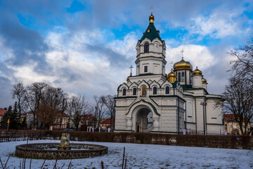 Orthodox church in Sokolka / Poland. Afternoon shots on a winter day. The subject was photographed against a slightly cloudy blue sky.