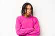 © Asier - Young African American man isolated on white background frowning face in displeasure, keeps arms folded.
