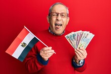 Handsome Senior Man With Grey Hair Holding Egypt Flag And Egyptian Pounds Banknotes Sticking Tongue Out Happy With Funny Expression.