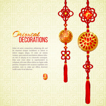 Asian red and golden tassel decorations. Lotus image, yin yang symbol and knot elements. Stamp with Chinese hieroglyph for Joy. Perfect decoration for Asian New Year or Harvest Festival. Vector