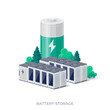 Rechargeable battery energy storage stationary for renewable power plant. Isolated vector illustration on white background.
