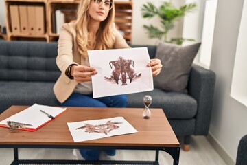 Sticker - Young blonde woman psychologist having rorscharch test at psychology center