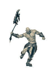 green orc holding a huge axe in a white background side view