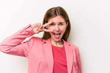 Young russian woman isolated on white background dancing and having fun.