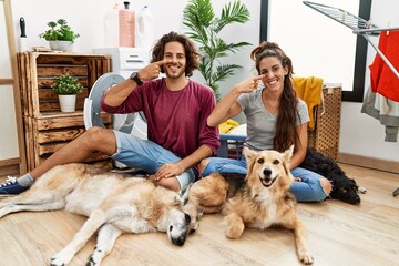 Wall Mural - Young hispanic couple doing laundry with dogs pointing with hand finger to face and nose, smiling cheerful. beauty concept