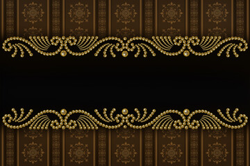 Wall Mural - brown background with patterned border of golden pearl beads and copy space