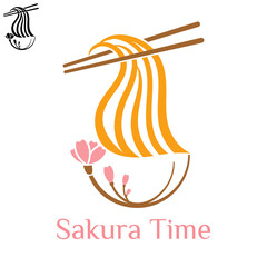 Chopsticks holding noodles on sakura bowl illustration.