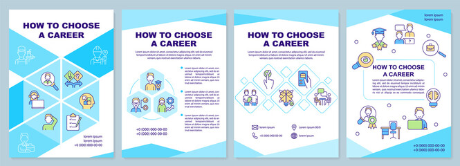 How to choose career blue brochure template. Decision after graduation. Leaflet design with linear icons. 4 vector layouts for presentation, annual reports. Arial-Black, Myriad Pro-Regular fonts used
