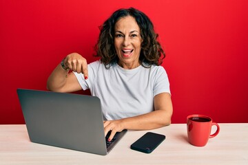 Sticker - Beautiful middle age woman working at the office using computer laptop smiling happy pointing with hand and finger