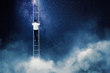 Businessman Climb On Ladder Toward Sky At Night