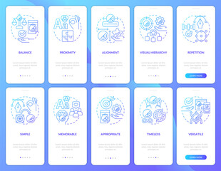 Design principles blue gradient onboarding mobile app screen set. Content walkthrough 5 steps graphic instructions pages with linear concepts. UI, UX, GUI template. Myriad Pro-Bold, Regular fonts used