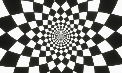 Square pattern, white and black, checkered pattern, twisted until a circle at the center. Optical Illusion Pattern Change from square to circle, use as Background or Wallpaper.