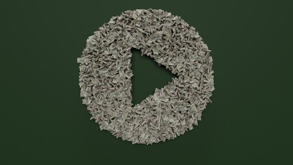 Wall Mural - 3d rendering of dollar cash rolls and stacks in shape of symbol of play button on green background