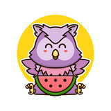 Fototapeta Dinusie - happy owl bird eat watermelon fruit adorable cartoon doodle vector illustration flat design style