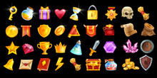 Game Icon Vector Set, RPG UI Winner Badge Kit, Casino Slot Gambling Machine Objects, Golden Coin, Crown. Medieval Fantasy Design Elements, Victory Level Up Trophy, Magic Potion. Game Icon Collection
