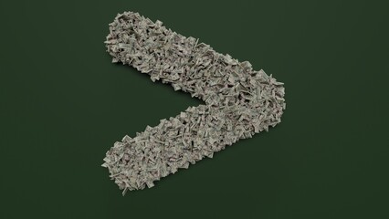 Wall Mural - 3d rendering of dollar cash rolls and stacks in shape of symbol of greater than on green background