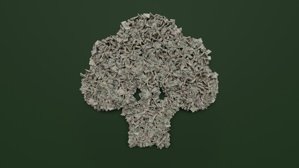 Wall Mural - 3d rendering of dollar cash rolls and stacks in shape of symbol of broccoli on green background