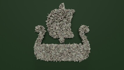 3d rendering of dollar cash rolls and stacks in shape of symbol of Viking boat on green background