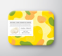 Wall Mural - Fruits Bath Cosmetics Box. Vector Wrapped Paper Container with Care Label Cover. Packaging Design. Modern Typography and Hand Drawn Yuzu Fruit. Abstract Camo Background Pattern Layout Isolated