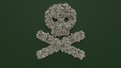 Canvas Print - 3d rendering of dollar cash rolls and stacks in shape of symbol of skull crossbones on green background