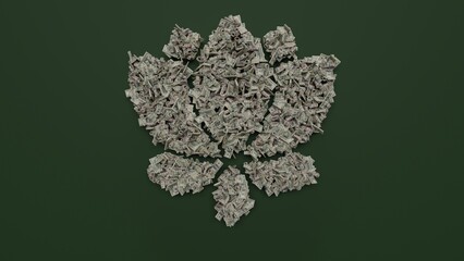 Canvas Print - 3d rendering of dollar cash rolls and stacks in shape of symbol of lotus on green background