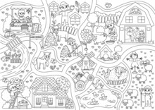 Farm Black And White Village Map. Country Life Outline Background. Vector Rural Area Scene With Animals, Farmers, Barn, Tractor. Countryside Plan Or Coloring Page With Field, Pasture, Cottage, Garden.