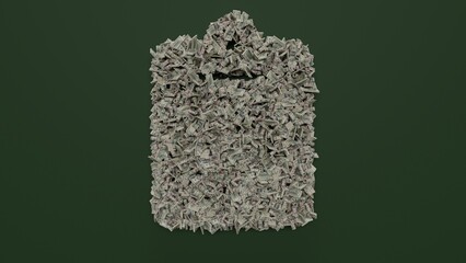 Wall Mural - 3d rendering of dollar cash rolls and stacks in shape of symbol of clipboard on green background