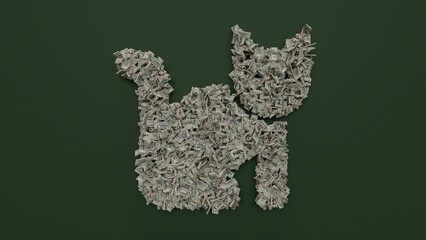 Wall Mural - 3d rendering of dollar cash rolls and stacks in shape of symbol of cat on green background