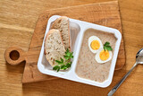 Fototapeta  - Tasty box diet. White borscht with egg, Easter.