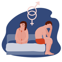 Intimate disorder. Divorce. Impotence, erectile dysfunction. Married couple in a quarrel. Sad person on the bed. Vector cartoon illustration on white background.