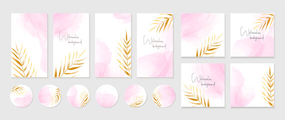 Canvas Print - Instagram stories templates, posts, highlights icons. Vector set of abstract backgrounds with golden leaves and pink watercolor spots