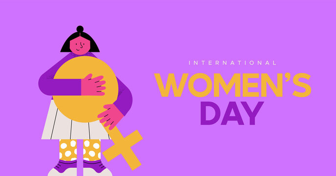 International Women's Day greeting card illustration of woman character cartoon holding female symbol shape. March 8 event design for girl power.
