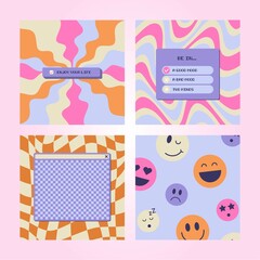 Instagram template post set. Old computer aesthetic frames for quotes, slogan, text. Retro 70s, 80s, 90s. Retro Vibes Art. Trendy elements. Colorful bright background. Editable Vector.