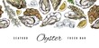 Seafood fresh bar advertising banner with oyster shells, lemon and ice cubes - colored sketch vector illustration.