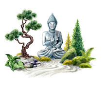 Watercolor Illustration Of Zen Garden With Buddha Statue, Bonsai Tree And Rocks. Spiritual Nature Landscape, Isolated On White Background