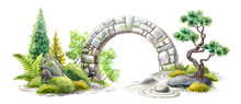 Watercolor Spiritual Landscape, Garden Nature, Greenery, Bonsai, Stone Gate Arch. Zen Background