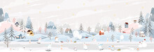 Winter Landscape With Happy Polar Bear And Rabbit Playing Ice Skates In The Park At Night,Vector Banner Winter Wonderland Bunny And Bear Celebrating In Forest,Christmas And New Year 2023 Background