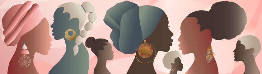 profile silhouette group of african american or african women and girls. heads and faces of black wo