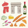 Flat vector illustration with traditional symbols of France, food and architecture. French cuisine. Set with croissant, baguette, beret, pastries, wine, cheese. Paris landmarks. Arc de Triomphe.