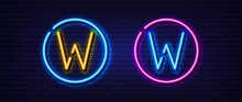 Initial Letter W Icon. Neon Light Line Effect. Line Typography Character Sign. Large First Font Letter. Glowing Neon Light Element. Letter W Glow 3d Line. Brick Wall Banner. Vector