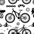Bicycles. Seamless pattern with bicycle spare parts for print, web design. Isolated objects. Vector image. 