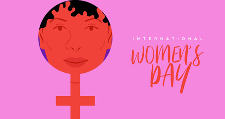 International Women's Day greeting card illustration of beautiful woman face inside female symbol. Modern girl power design for march 8 event.