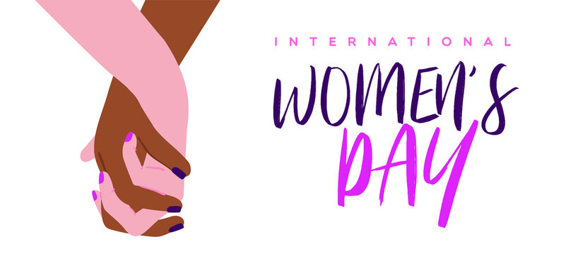 International Women's Day greeting card illustration of diverse woman friends holding hands together. Modern flat cartoon friend support concept.