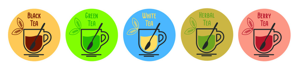 Icon set of tea cups with teaspoon, hot drink. Black, green, white, herbal, berry teas. Simple linear vector illustration in the form of a logo or emblem for the menu of a teahouse, restaurant or cafe